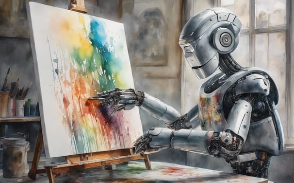An A.I. Robot doing a watercolour at a table.