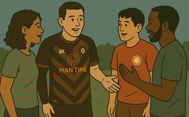 a group of people standing around a soccer ball