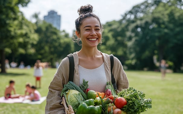 a woman holding a basket of vegetables in a park