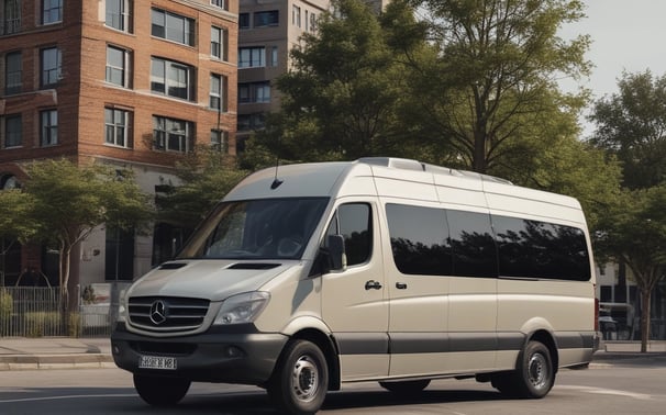 A white minibus on a city street with several passengers visible through the windows. The background includes a few parked cars and a building with a modern facade.