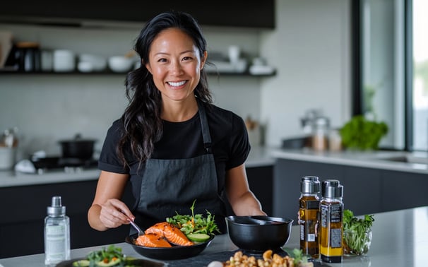 a woman in a black apron in kitchen with healthy foods