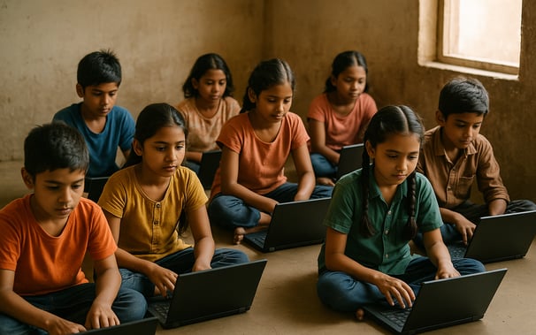 laptop seekhte hue poor child group image create please