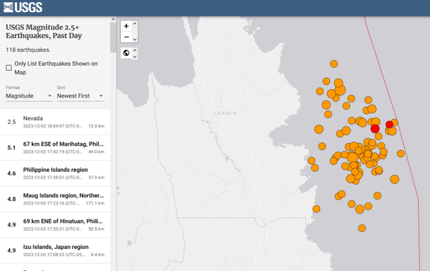 Sample USGS interactive last 24 hours of global earthquakes map and list from December 2023.