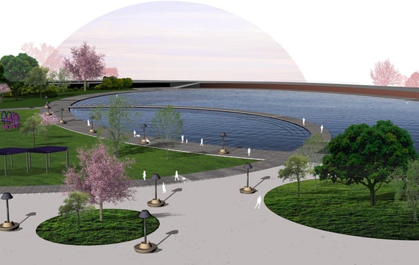 a large park rendering with a pond and trees
