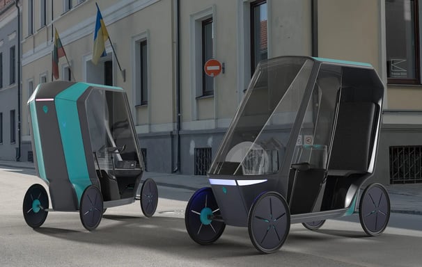 TaxiBike hybrid velomobile navigating urban streets, showcasing carbon-fiber body, modular seating, 