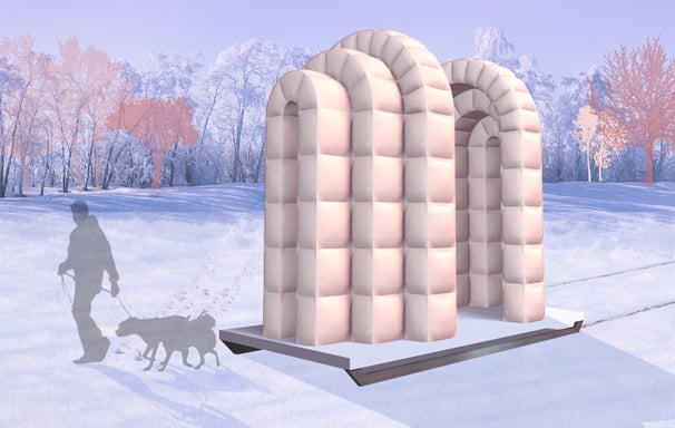 an arched temporary shelter set on a sled
