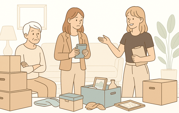 Organizer guiding a family through emotional decisions during the downsizing process with compassion
