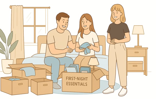 Couple unpacking their first-night essentials box with help from a professional organizer.