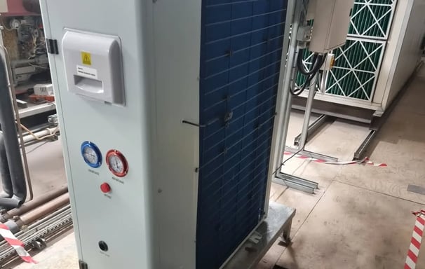 Indoor Maxx Cold evaporator unit paired with outdoor condenser, forming a complete blast chiller