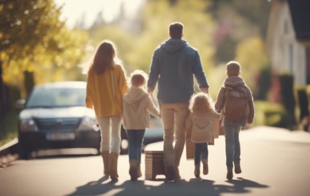 Familia caminando con maletas
