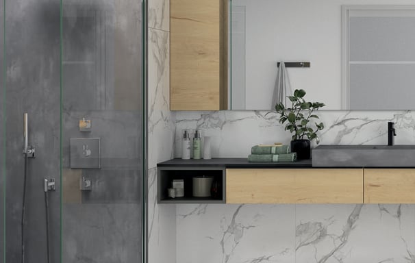 meuble de salle de bain, robinetterie, paroi de douche, baignoire