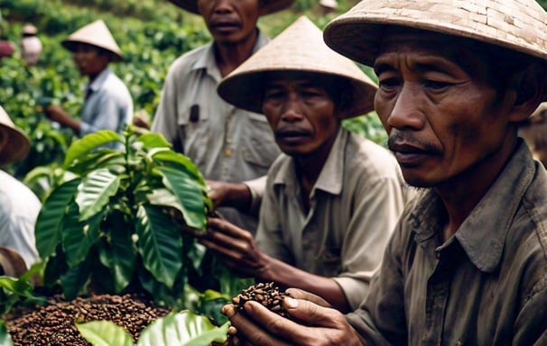 Indonesian coffee farmer inspecting beans on a sunny plantation