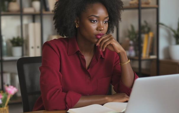 Image of a Black woman entrepreneur at her desk, deep in thought with a laptop and notebook open