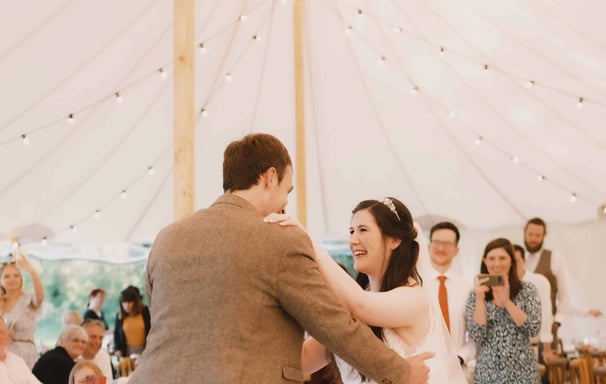 Wedding guests photographing bride and groom during their first dance