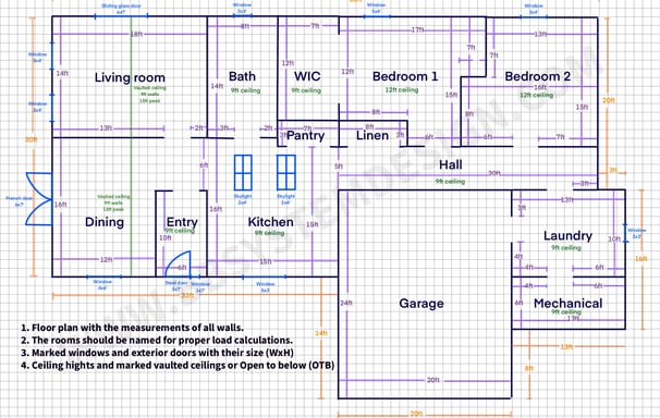 Example floor plan and information needed for Manual JDS (duct design).
