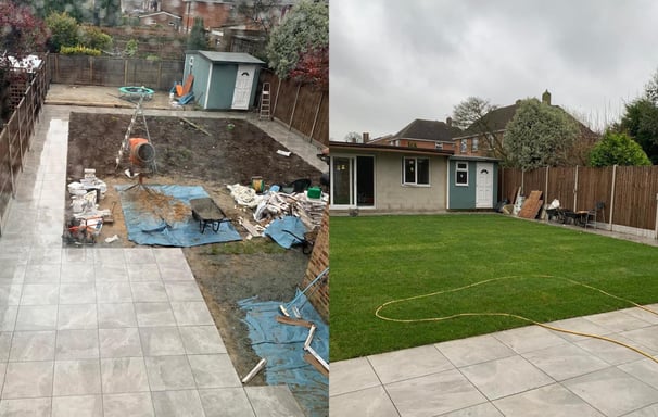 a backyard patio with a lawn and a fence