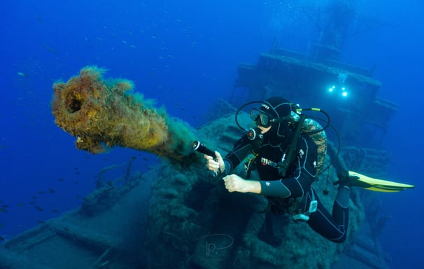 Diver with the Navy Frigate Wreck, Madeira