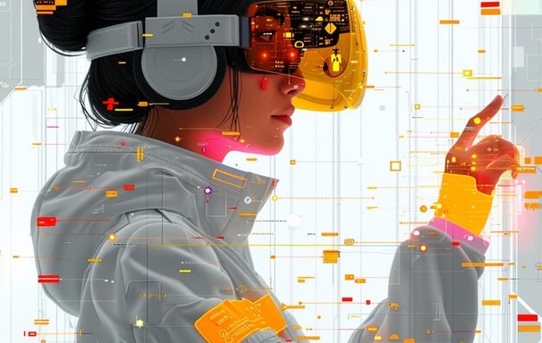 Uma garota Cyberpunk mexendo em coisas tecnologicas