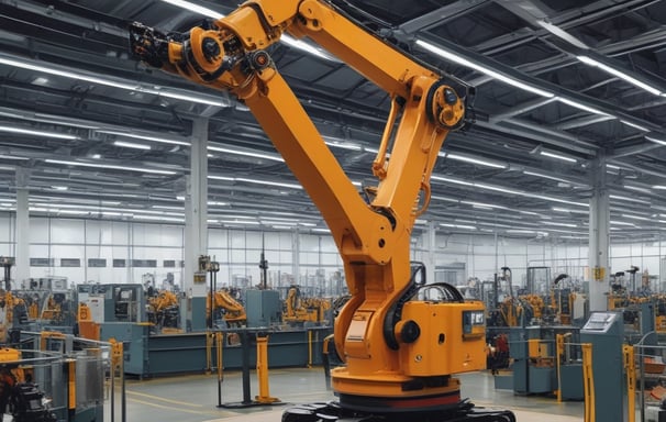 An assembly line in a car manufacturing plant with several partially assembled vehicle frames lined up. Robotic equipment and wiring are visible, emphasizing the mechanical aspect of the production process. The environment is clean and organized, with bright overhead lighting illuminating the industrial setting.