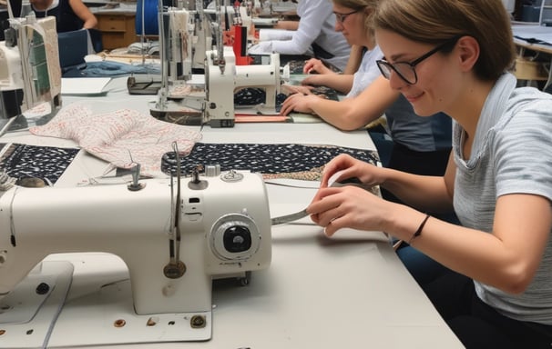 Atelier de couture solidaire en France, artisans en insertion travaillant des tissus revalorisés.