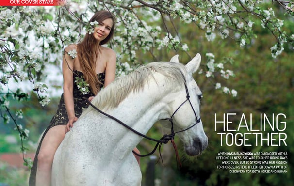 Kasia Bukowska riding bareback and bitless on her white horse.