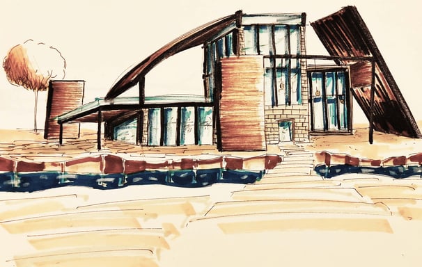 a drawing of a house with a large window