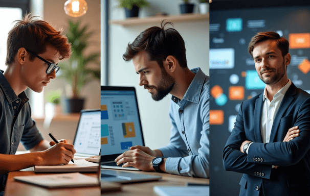 Imagen hiperrealista dividida en tres secciones verticales: un emprendedor en etapa inicial planificando su idea, un dueño de