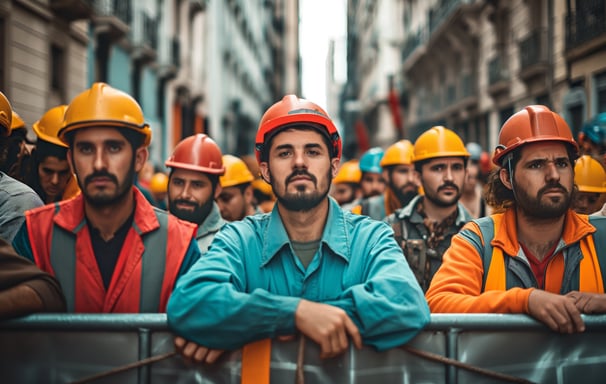 a group of men in safety vests and helmets with helmets on