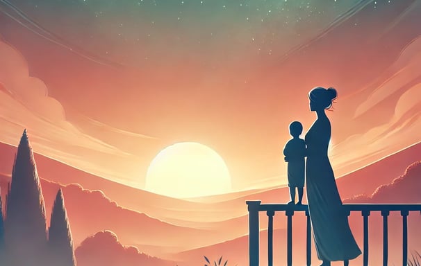 a woman and a child are standing on a balcony railing