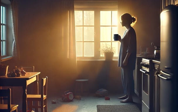 a woman standing in a kitchen with a cup of coffee