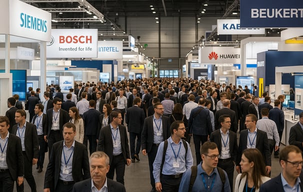 a large group of people walking through a large room