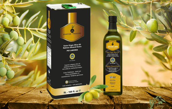 Spartan Treasure extra virgin olive oil tin and bottle with fresh olives on wooden surface.