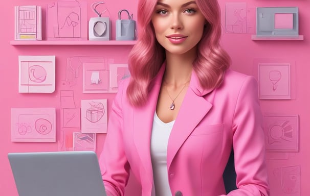 a woman in a pink suit is sitting at a desk
