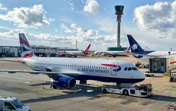 "British Airways aircraft at London Heathrow Airport after a safe landing – start of UK tour"
