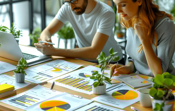 Deux stratèges de CCA Studio collaborant sur l'optimisation de marque avec des graphiques & données