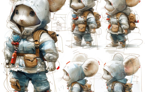 Esquisses d'une mascotte d'explorateur spatial en différentes poses pour le storyboard de création