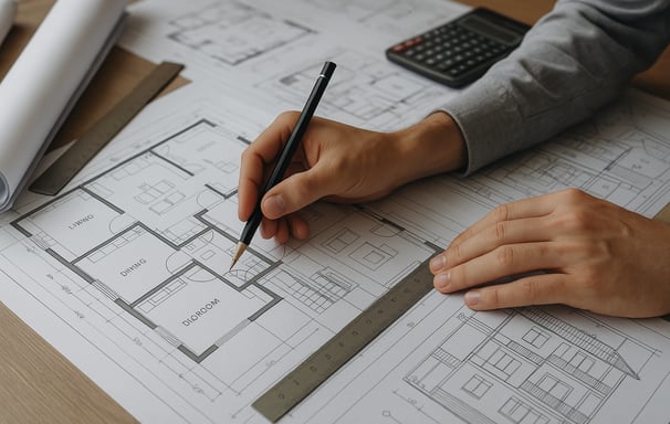 Architect drawing floor plans with pencil and ruler, architectural blueprints and calculator visible
