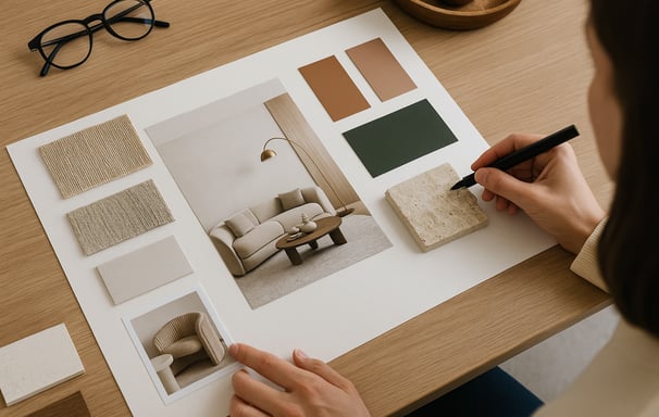 Interior design mood board with fabric swatches, color samples, and modern living room photos.