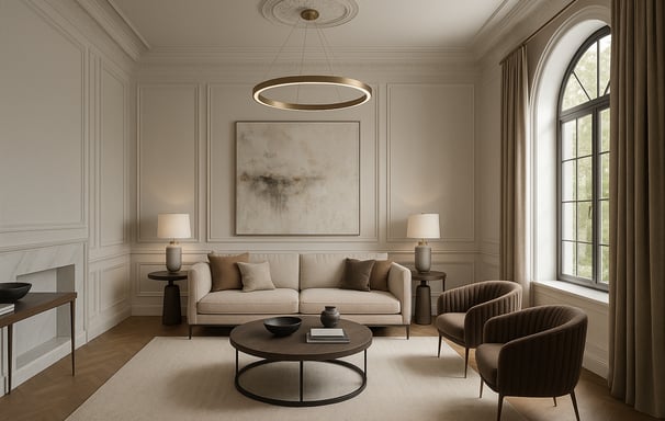 Elegant living room with beige sofa, accent chairs, modern chandelier, and large arched window.