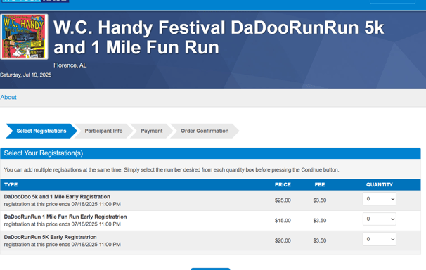 screenshot of a customr registration page setup by Race Ready Events