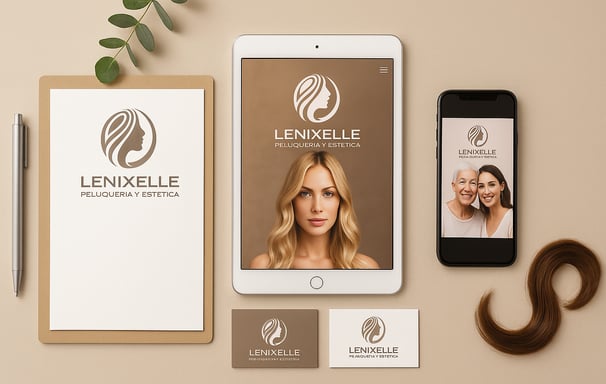 Sistema gráfico completo de Lenixelle: logotipo, naming y coherencia visual aplicada a materiales