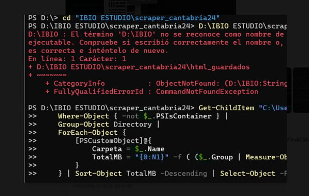 Ejecución del scraper en PowerShell con control por bloques durante el proceso de extracción.
