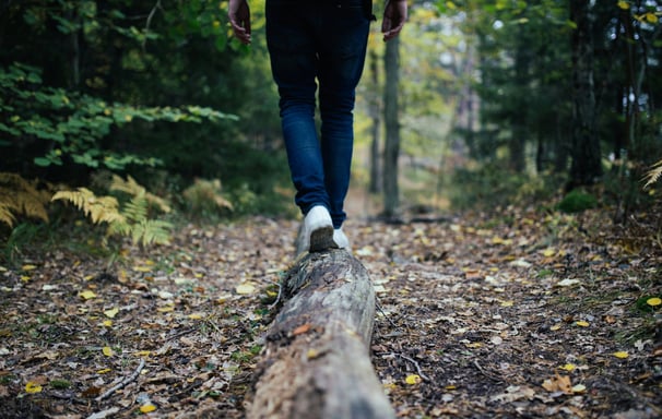 Someone balancing on a log in a forest