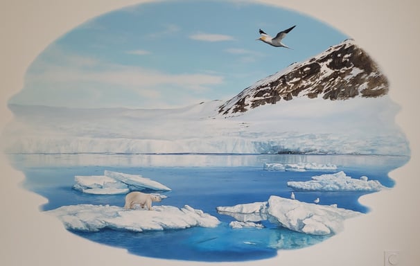 Peinture du glacier de Svalbard dans l'Arctique, ours sur iceberg et oiseaux