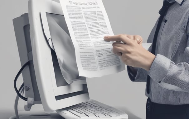 a man pointing at a newsletter that came through the computer