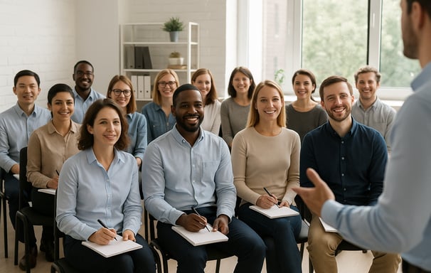 a man in a blue shirt is standing in front of a group of people
