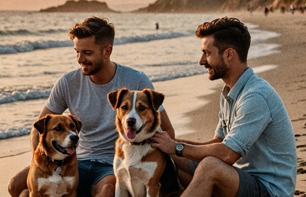 Two young men with the dogs on the beach