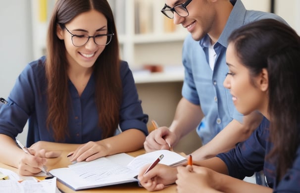 A teacher is engaging with a group of students sitting at a desk. The students are dressed in matching attire and wearing traditional headwear. They appear focused on their studies as they interact with the teacher. Books are open in front of them, and shelves filled with books are visible in the background.