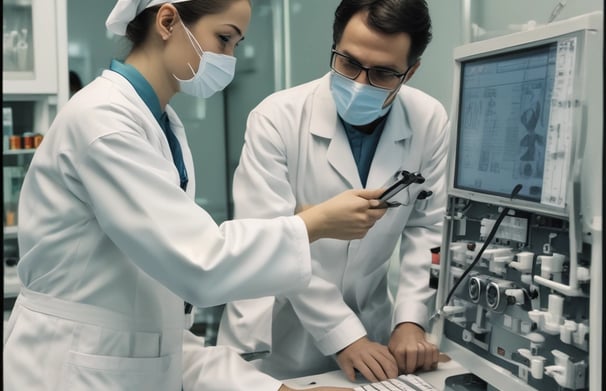 Two people in lab coats collaborate in an office setting. One is seated and pointing at a computer screen displaying medical images, while the other stands nearby holding a tablet. Large windows reveal a view of greenery outside, creating a bright and professional environment.