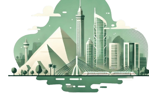 A sleek and minimalist illustration of Cairo’s skyline, featuring iconic landmarks like the pyramids